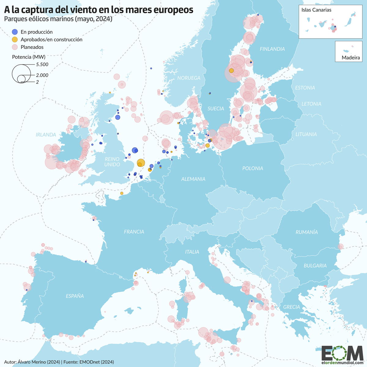 elOrdenMundial's tweet photo. 🌬️⚡️NUEVO MAPA: .La energía eólica en los mares de Europa.

En el continente ya hay 74 granjas eólicas marinas, a las que pronto se van a sumar otras 26 que están aprobadas o en construcción.

Por @Alvaro_Merino_ https://t.co/69TdIwOjhk