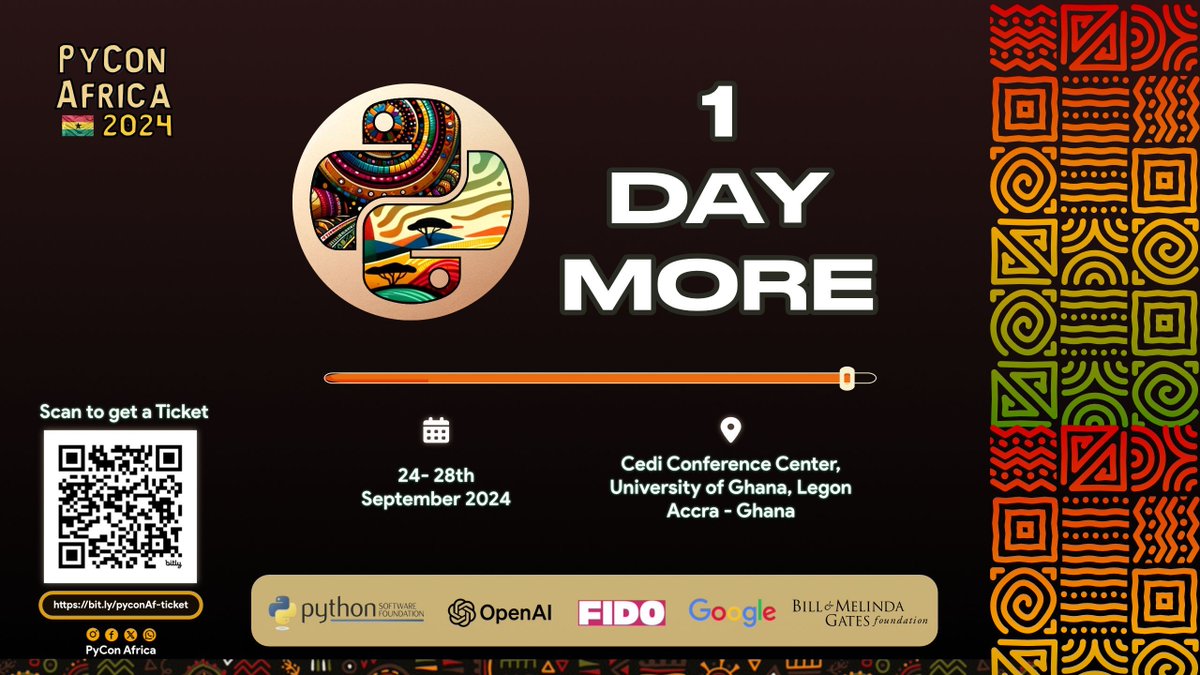 pyconafrica's tweet image. Day 1: ⏳ Just 1 day to go until 🐍PyCon Africa 2024!
🙌 The wait is nearly over! Tomorrow, we gather for an unforgettable celebration of Python, innovation, and community.
📅 The big day: September 24-28, 2024
📍 Location: University of Ghana 🇬🇭
🔗 Final details here:…