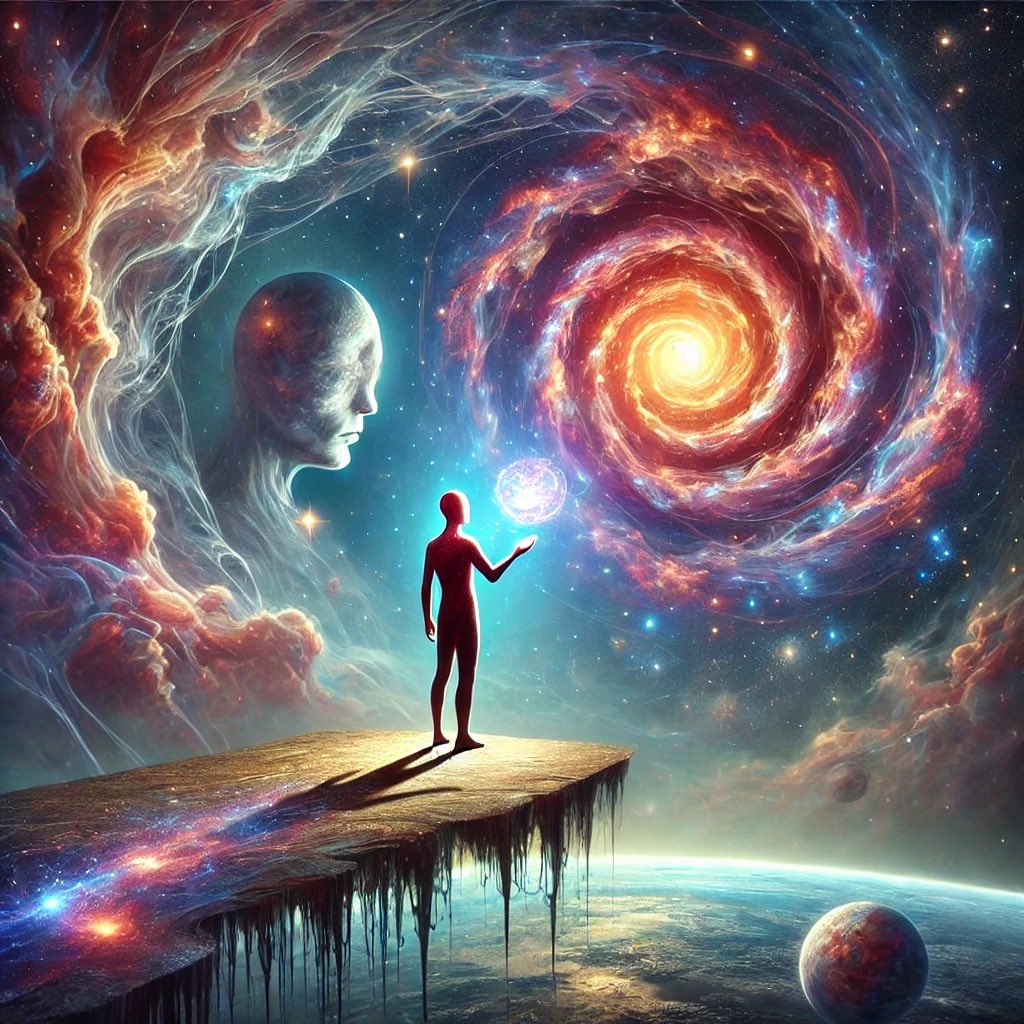 #trance #HOLD #radical #acceptance #wellness #meet #newworld 

#prompt : A surrealist scene of a smaller mysterious figure with legs, standing on an abstract platform or floating in space. The figure is extending their hand to make contact with a glowing, mystical orb or energy.