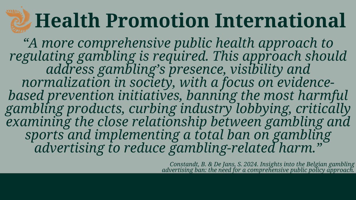 Health Promotion International (OUP) (@healthpromint) on Twitter photo 🔔 NEW at Health Promotion International
“The Belgian experience offers valuable lessons for other countries currently considering gambling advertising bans in terms of policy development and implementation.”
Read here: doi.org/10.1093/heapro… <a href="/BramConstandt/">Bram Constandt</a> 🔔 NEW at Health Promotion International
“The Belgian experience offers valuable lessons for other countries currently considering gambling advertising bans in terms of policy development and implementation.”
Read here: doi.org/10.1093/heapro… <a href="/BramConstandt/">Bram Constandt</a>
