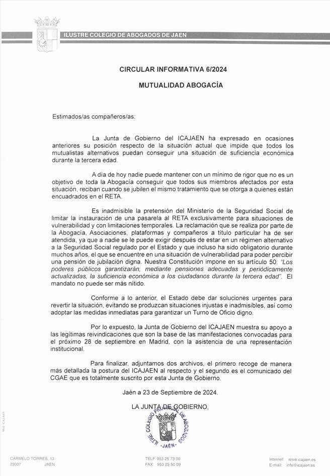 👉 Nuestra Junta de Gobierno realiza el siguiente comunicado sobre la #mutualidad y la consecución de la pasarela voluntaria al R.E.T.A. y anuncia que estará presente en las manifestaciones convocadas en Madrid el 28 de septiembre.

#AbogadosJaén #Comprometidos