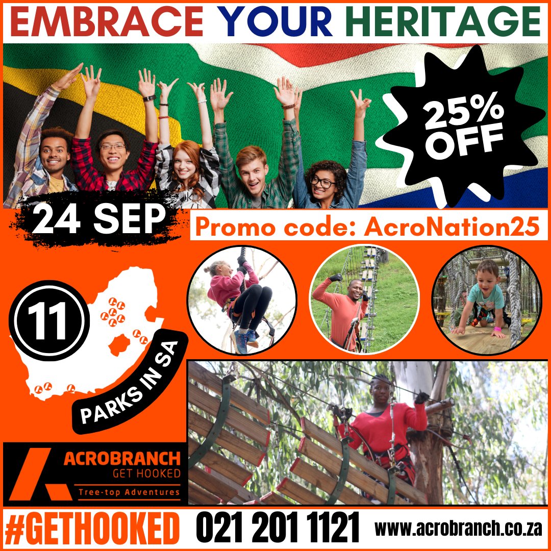 Celebrate South Africa’s spirit of adventure at Acrobranch with 25% off all courses! 
Use Promo Code: AcroNation25 – valid on 24 Sep!
Spots are limited, so #GETHOOKED and book now!
📞 Call us: 021 201 1121
🌐 acrobranch.co.za

#Acrobranch #Adventure #HeritageDay