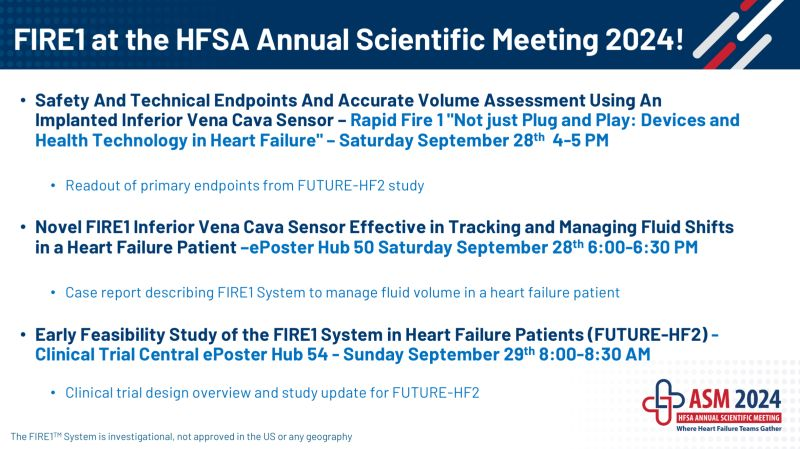 🚨 Big news! FIRE1 is presenting 3 times at the <a href="/HFSA/">HFSA</a> Annual Scientific Meeting! 🔬💙 Excited to share our innovations in #HeartFailure care &amp; improving patient outcomes. Stay tuned for game-changing insights! #HFSA2024 #MedTech #Cardiology #HealthTech #HeartHealth #FIRE1