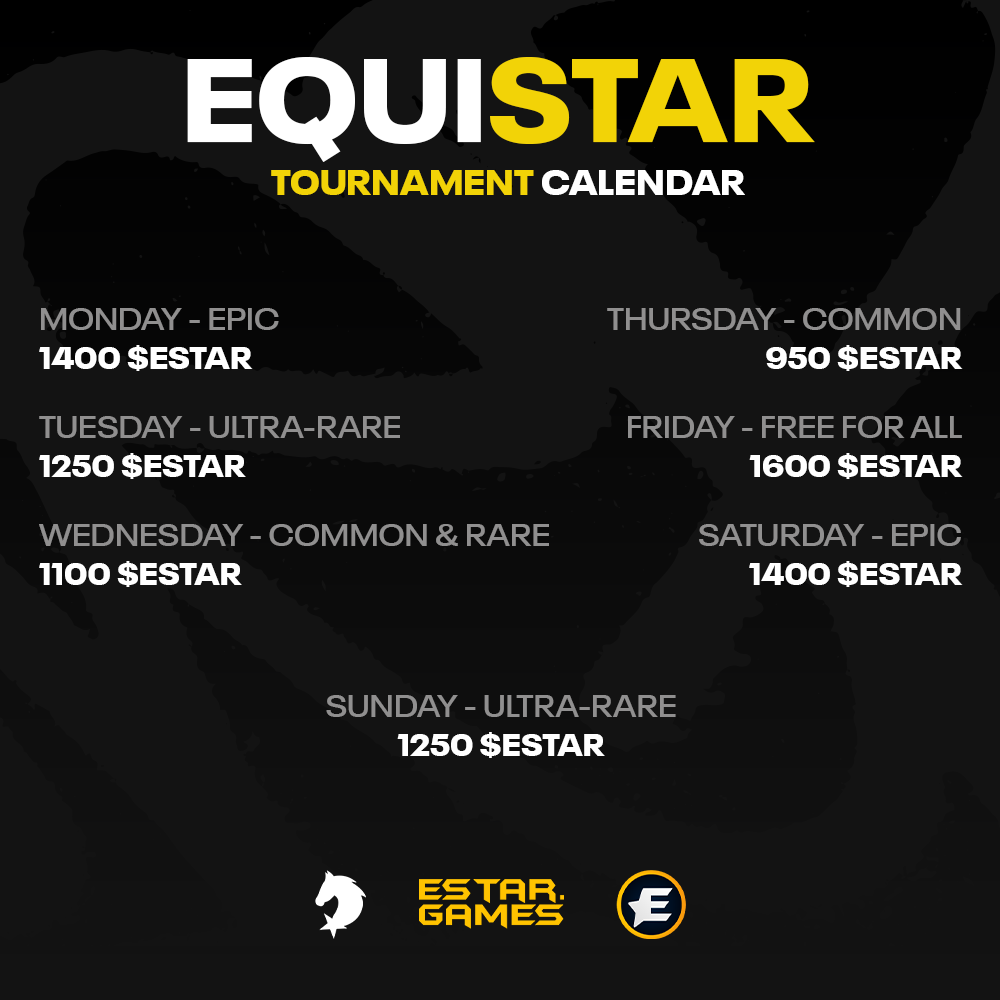 ESTAR.GAMES (@estartoken) on Twitter photo 🐎 EquiStar Weekly Tournament Schedule! 🌟
<a href="/PulsarMvX/">Pulsar MVX</a> send 0.02 EGLD to 100 Reactions
An exciting week of tournaments is here on #EquiStar! Get ready for thrilling races, fierce competition, and massive $ESTAR rewards. Whether you’re racing for glory or the prize pool, there’s 🐎 EquiStar Weekly Tournament Schedule! 🌟
<a href="/PulsarMvX/">Pulsar MVX</a> send 0.02 EGLD to 100 Reactions
An exciting week of tournaments is here on #EquiStar! Get ready for thrilling races, fierce competition, and massive $ESTAR rewards. Whether you’re racing for glory or the prize pool, there’s