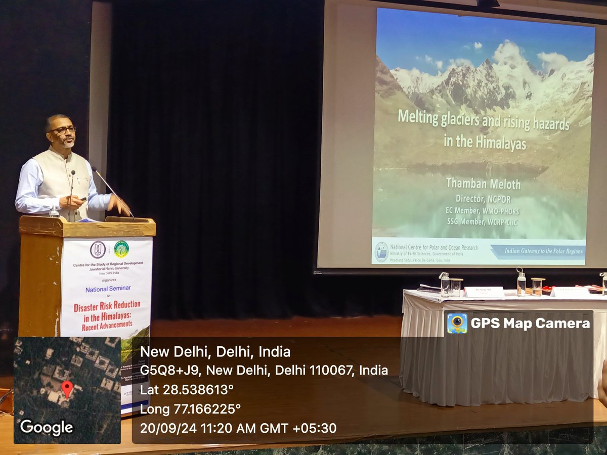 ncaor_goa's tweet photo. Dr. Thamban Meloth, Director NCPOR was the Chief Guest at the national seminar on "Disaster Risk Reduction in the Himalayas: Recent Advancements" held at the Jawaharlal Nehru University, New Delhi, during 20-21 September 2024. He also gave a keynote lecture on "Melting glaciers and rising hazards in the Himalayas" at the seminar.
@DrJitendraSingh  @moesgoi @Ravi_MoES @TMeloth
