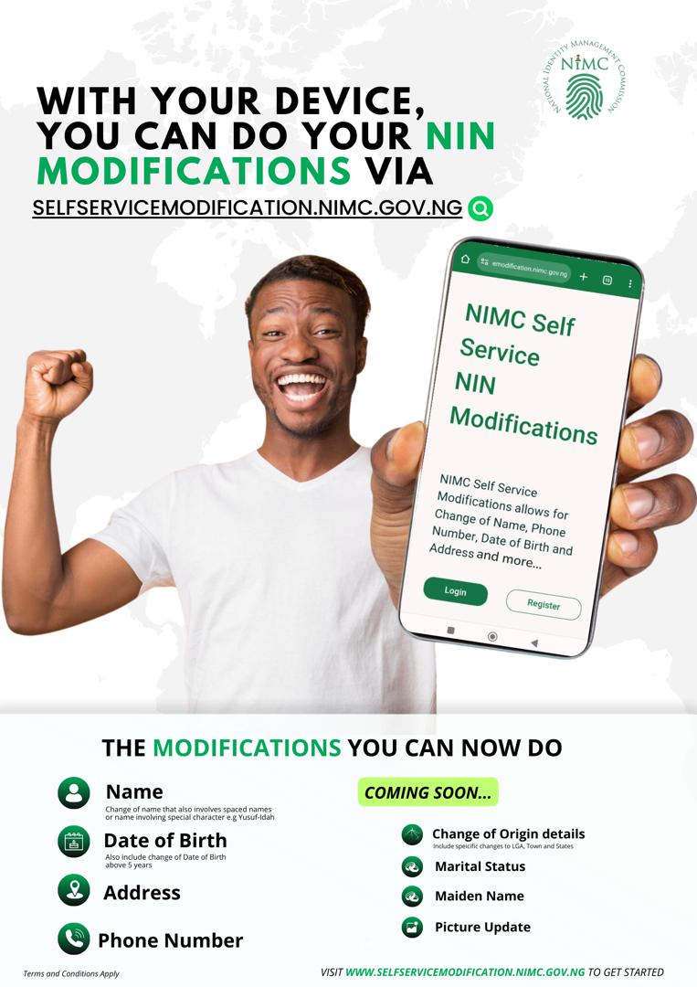 abeegunde1's tweet image. Right on your phone, tab and laptop, you can modify your name, date of birth, location, and so on..... just log on selfservicemodification.nimc.gov.ng , and you are good to go.
@nimc_ng under @EngrAbisoye is breaking a new ground every day.
#NIMC2024 #SelfServiceModification