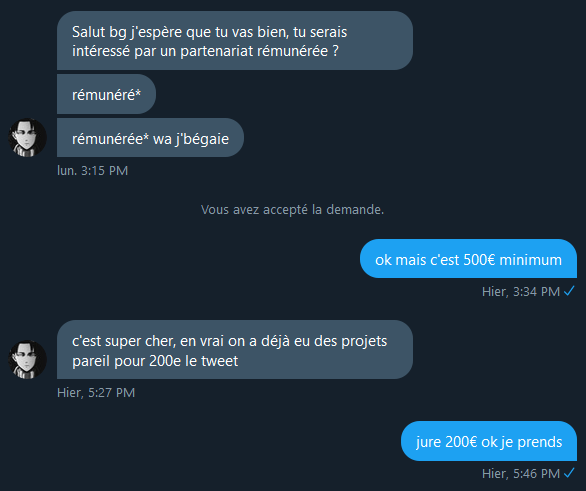 Arkunir's tweet photo. Ptdddrrrrrrrr je viens de retrouver des screens de comment je négociais mes opés quand j'avais 17 ans et 20k abonnés Twitter je suis trop MORT https://t.co/tw5AIslj5l