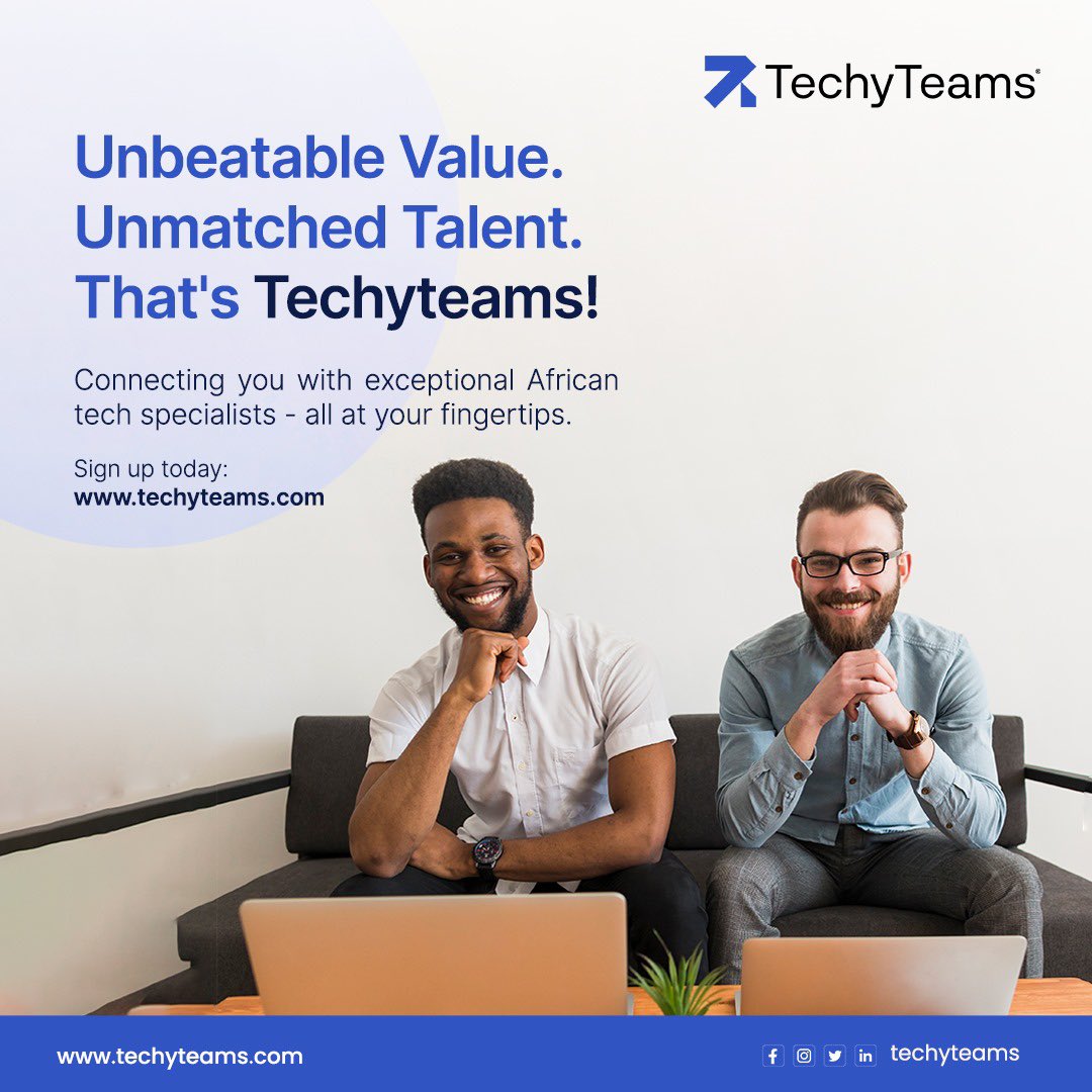 Techyteams's tweet image. Discover why techyteams is the future tech outsourcing. 

Connecting you with the bestTech talents in sub-Saharan Africa

Sign up today - techyteams.com to get started.

#techyteams 
#tech 
#outsourcing 
#outsourcingsolutions
