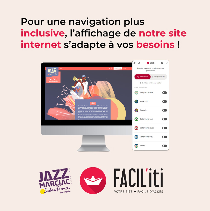 Jazz_in_Marciac's tweet image. Jazz in Marciac, en partenariat avec @MalakoffHhandi, facilite la navigation de son site internet pour les personnes en situation de handicap. L'affichage de jazzinmarciac.com s'adapte à vos besoins avec la solution d'inclusion numérique innovante développée par @FACIL_iti.