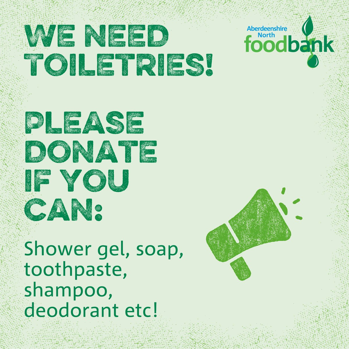 🧼 Toiletries Needed! We’re incredibly thankful for all food donations, but we’re in urgent need of toiletries like shower gel, soap, toothpaste, shampoo &amp; deodorant. If you can help, please donate today! 🙏 #Donate #AberdeenshireNorthFoodbank #CommunitySupport 💚