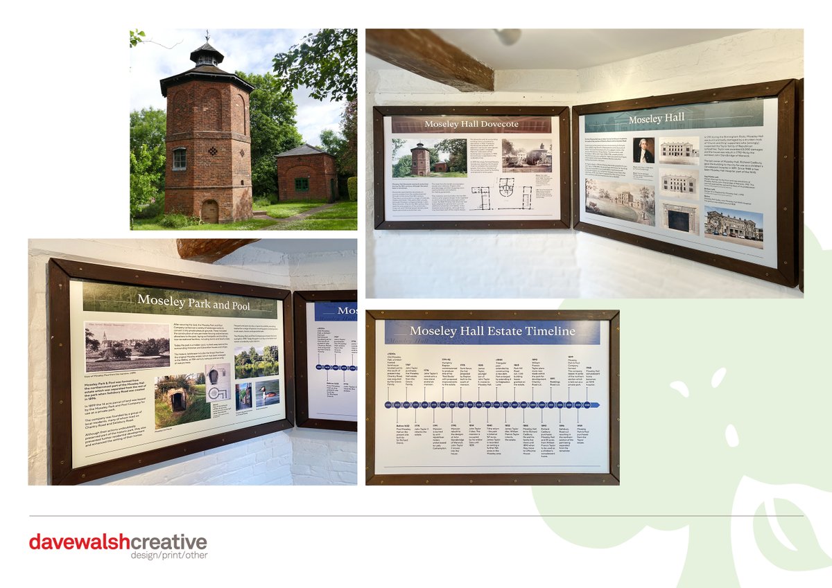 New interpretation panels in conjunction with <a href="/Chris_Rice1965/">Chris Rice</a> for Moseley Hall Dovecote. Designed to fit inside existing wooden frames and compliment the surrounding area.