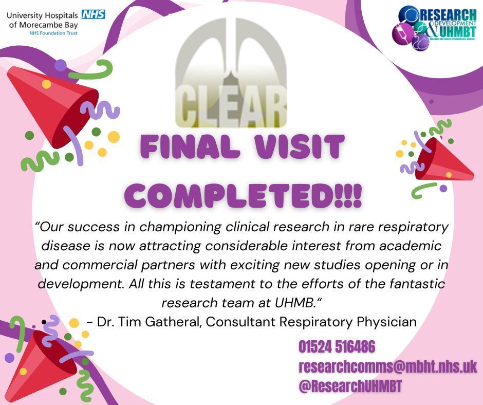 We have completed the last patient appointment for CLEAR 🥳 

This trial is researching whether an alternative treatment may help reduce exacerbations &amp; hospitalisations for people with bronchiectasis, improving their overall quality of life.

Info here👉buff.ly/47oDqIK