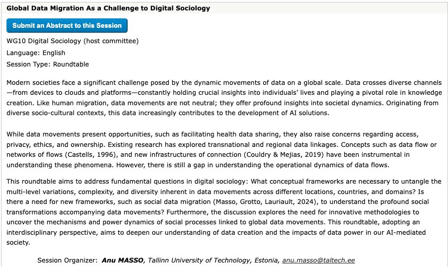 Can data migrate? How do we approach this phenomenon? These and other questions will be tackled in the session by <a href="/anu_masso/">Anu Masso</a> "Global Data Migration As a Challenge to Digital Sociology". Submit your abstracts here: isaconf.confex.com/isaconf/forum2…
