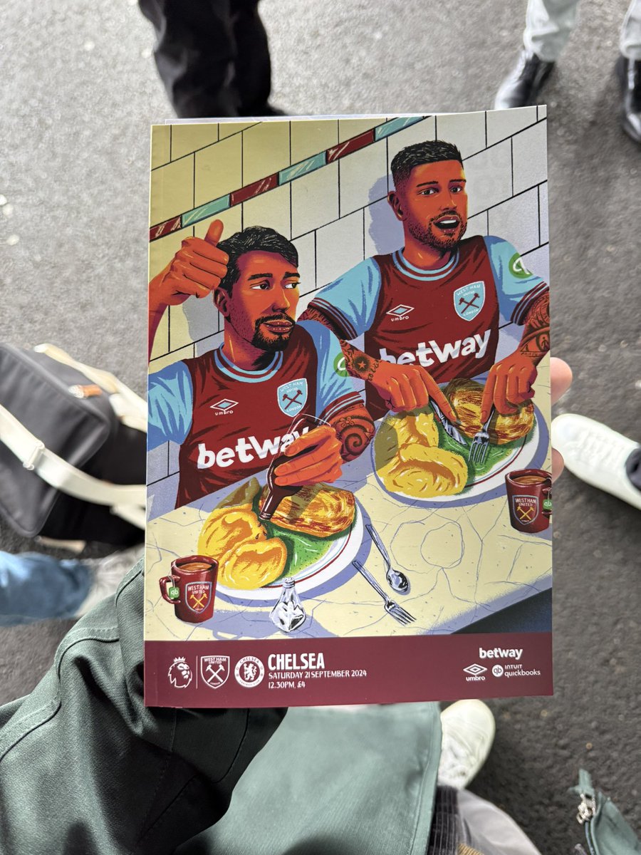 Seeing the <a href="/daryl_rainbow/">Daryl Rainbow</a> match day program at West Ham during our <a href="/sportCIES/">CIES</a> tour is such a welcome surprise, love seeing this man’s art!