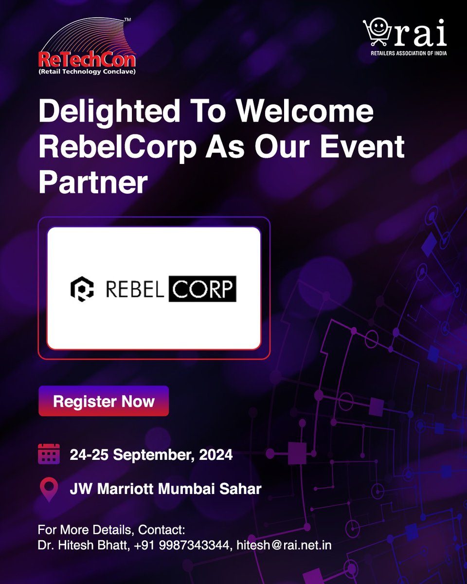 rai_india's tweet photo. We’re thrilled to welcome @RebelCorp_ as our Event Partner for #ReTechCon2024!

RebelCorp is a digital platform that enables businesses and individuals to build and manage their online presence with a simple, no-code, drag-and-drop website builder. With over 250+ industry-specific templates and partnerships with leading tech providers, RebelCorp offers easy-to-use solutions for various sectors, ensuring businesses can create, manage, and scale their digital experiences seamlessly.

Visit their stall at #ReTechCon2024 to discover how RebelCorp can simplify your digital transformation.

Register now! Head to the link below - https://t.co/ecPkgk5miY
#RetailTechnologyConclave2024 #RetailTech #FutureTech #Technology #Event #Conclave #Retailer #Brand #OnlineShopping #OnlineRetail #RetailStores #RetailShop #RetailMarketing #Learning #Insight