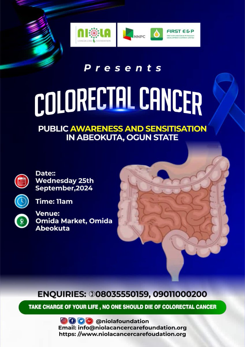 Join us this Wednesday at omida market Abeokuta on Public Awareness and Sensitization on Wednesday, September 25th, 2024.
Get involved! Early Detection save lives. Let's spread the word about the importance of early detection
Together we can fight against colorectal cancer