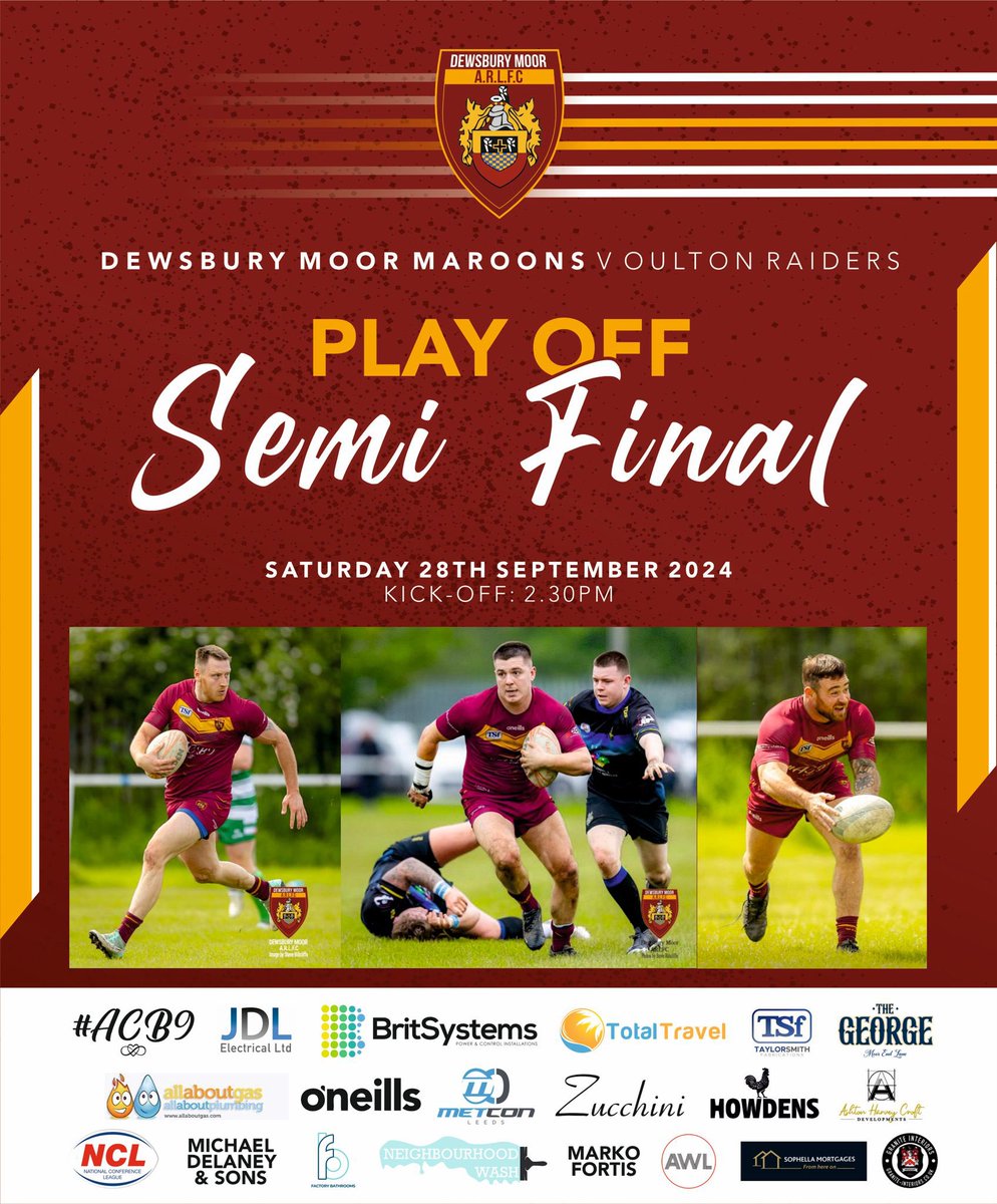 Dewsbury Moor Maroons (@dewsmooropenage) on Twitter photo Join us on Saturday as we welcome <a href="/RaidersOulton/">Oulton Raiders ARLFC</a> to Maroon Park for the <a href="/OfficialNCL/">National Conference League - RL</a> Division One Play Off Semi Final
#maroons2024 #ACB9 #UptheMuwa Join us on Saturday as we welcome <a href="/RaidersOulton/">Oulton Raiders ARLFC</a> to Maroon Park for the <a href="/OfficialNCL/">National Conference League - RL</a> Division One Play Off Semi Final
#maroons2024 #ACB9 #UptheMuwa
