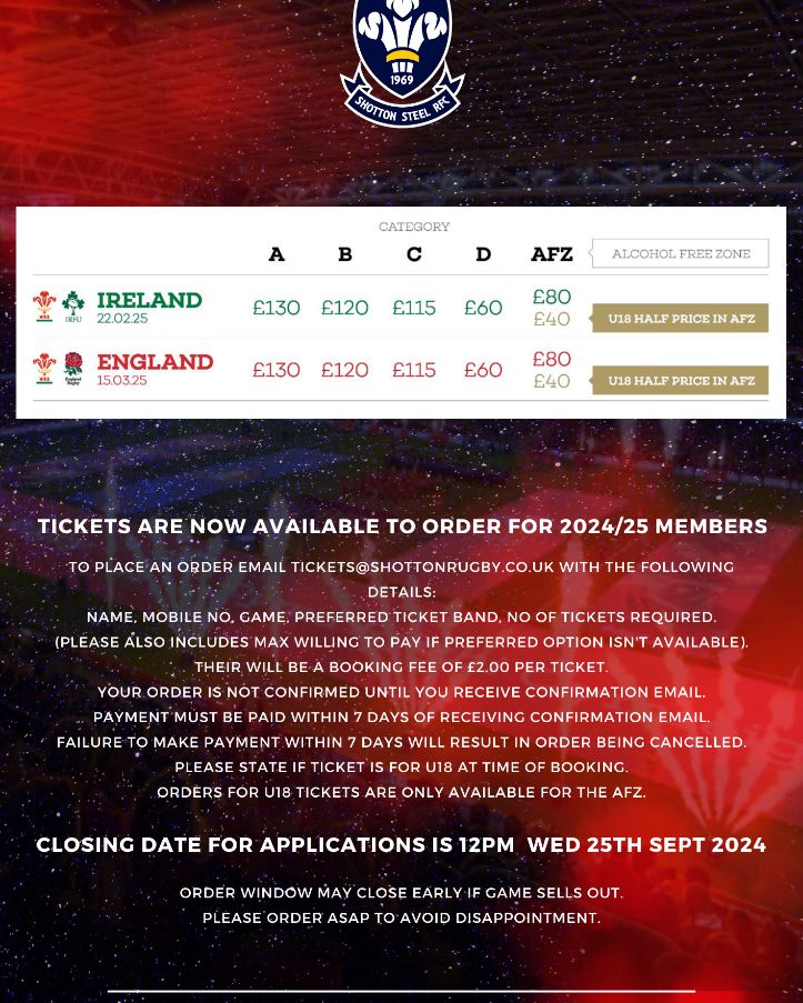 The 2nd order window is now open for Wales home 2025 6 nations fixtures. Please ensure you follow the instructions correctly. This window is for club members only.
