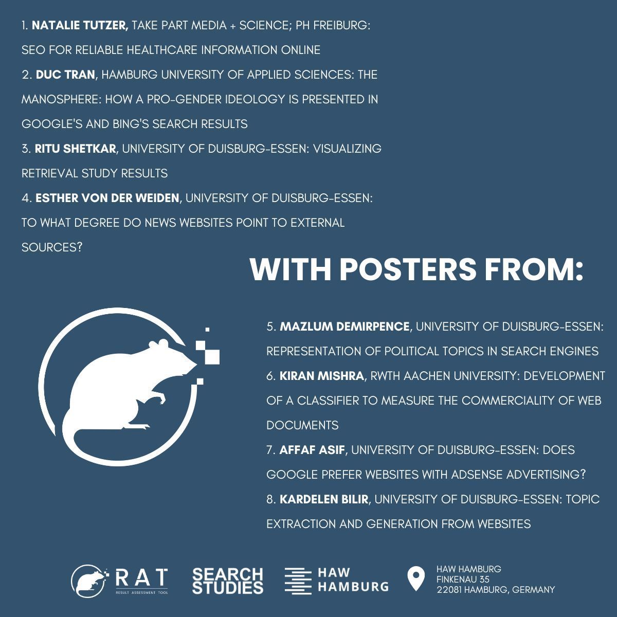 RAT Community Meeting 2024 🐀
Join us for a poster session at the RAT Community Meeting 2024 featuring studies conducted by students.
🗓️: 27th September 
🕙: 16:15 – 18:00 
📍Hamburg, Germany
Register for the RAT Community Meeting 2024 at: rat2024.eventbrite.de 🎟️ #RATSoftware