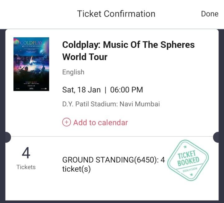 SuryaJagar's tweet photo. After seeing many tweets and Insta stories, I thought I need to flex it 😅
It was in my bucket-list before I knew the word "bucket-list".
#Coldplayindia #BookMyShow https://t.co/XuWBiJPAUF