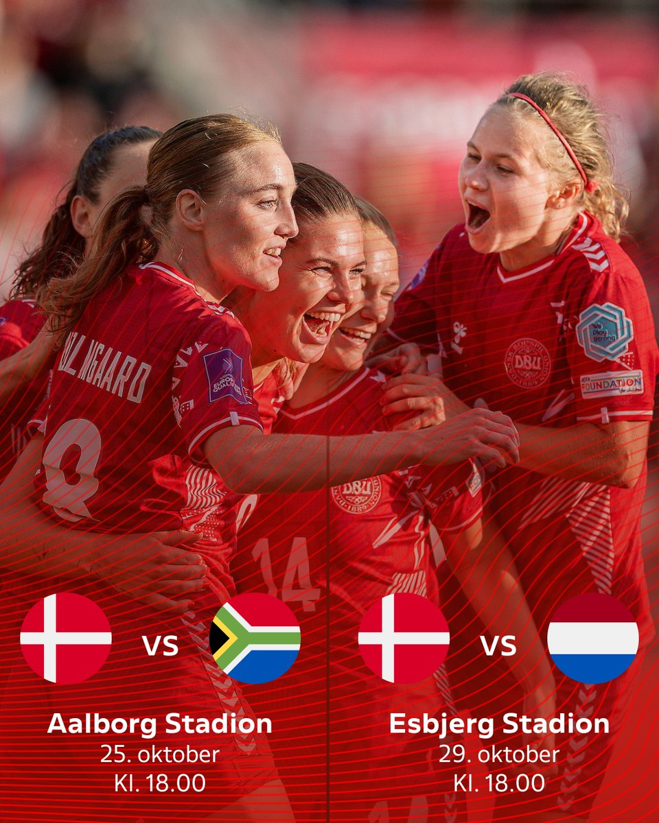 Kvindelandsholdet spiller to testkampe på dansk jord 🇩🇰

📅 25. oktober mod Sydafrika i Aalborg.
📅 29. oktober mod Holland i Esbjerg.

👉 Billetterne er til salg nu på billet.dbu.dk.

#ForDanmark