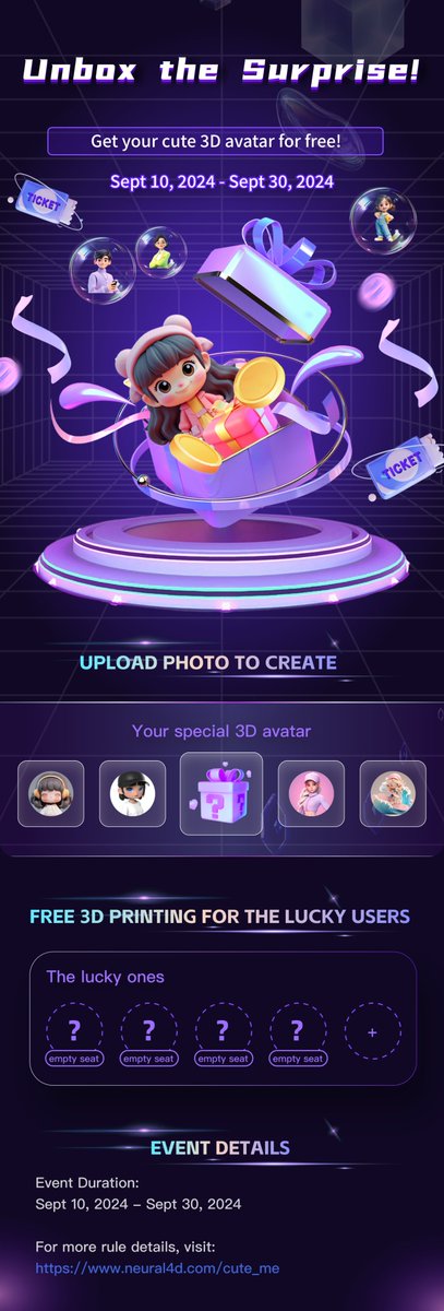 DreamTechAI's tweet image. ✨ Exciting News! Join the fun with our new #CuteMe event!
 🎉 Upload a photo and watch as a cute 3D avatar is born! 
🎁 Plus, stand a chance to win a FREE 3D printed model of your creation! 

👉 Participate now [neural4d.com/cute_me] 
#Avatar #GenAI  #Neural4D #3DModeling