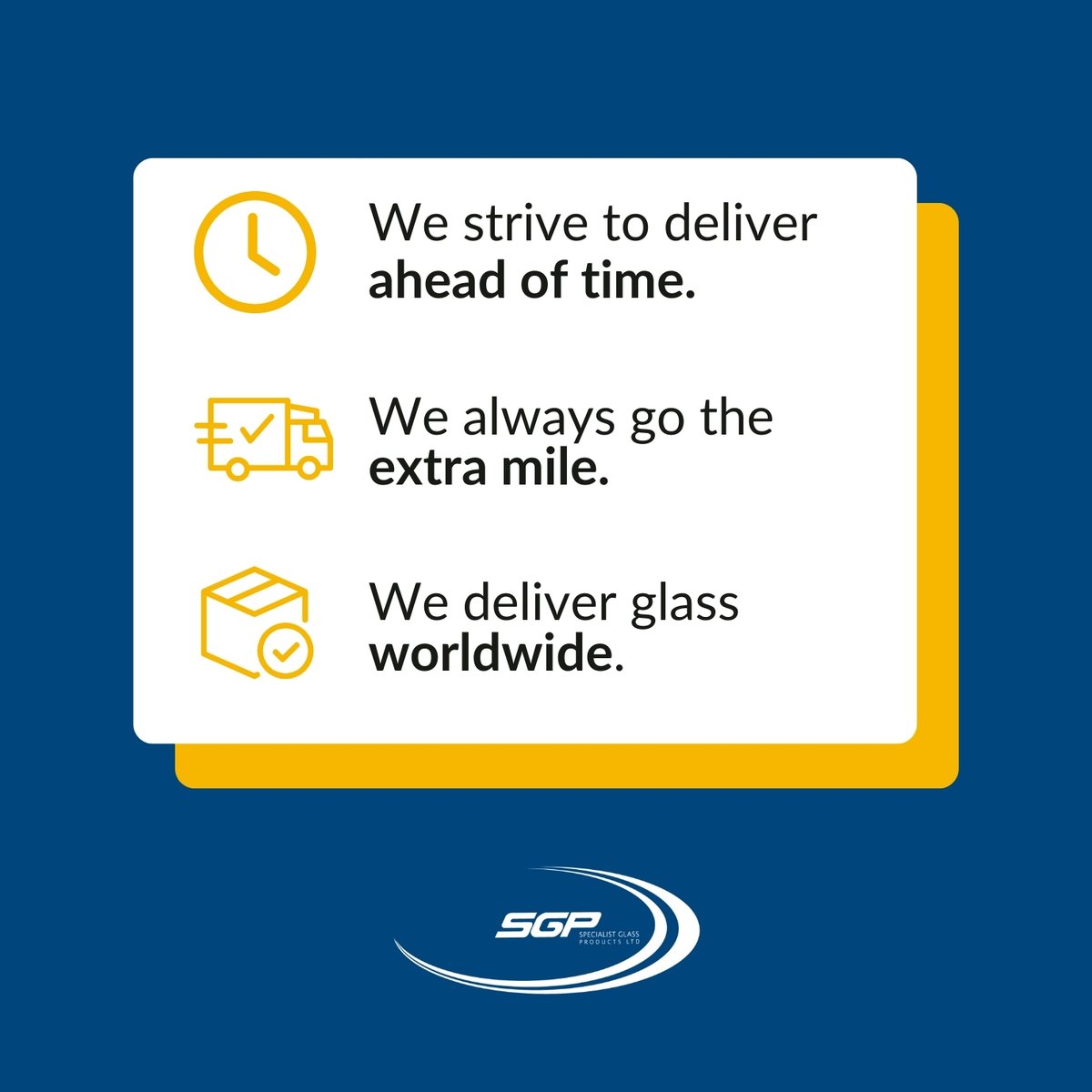 At SGP, we strive to deliver your products ahead of time, ensuring minimal operational downtime for your business 👌

Transform your project with us: tinyurl.com/7fj2vjms 📝

#specialistglass #bespokeglass #glasssolutions #worldwidedelivery