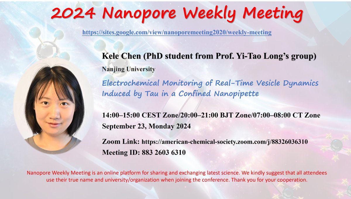 Join the virtual 2024 Nanopore Weekly Meeting#nanopore #NWM: Kele Chen <a href="/kelechen_chem/">Ke-Le Chen</a>,  September 23, Monday, 2024, from 2:00 pm - 3:00 pm CEST (8:00 pm - 9:00 pm BJT / 7:00 am – 8:00 am CT ). <a href="/YTLong_Chem/">Yitao Long/Yi-Tao LONG Lab</a>  Zoom Link: american-chemical-society.zoom.com/j/88326036310