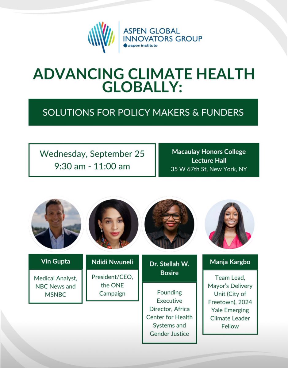 Excited to speak at Advancing Climate Health Globally: Solutions for Policy Makers &amp; Funders with <a href="/aspeninnovators/">Aspen Global Innovators Group</a> during #UNGA79! We'll explore actionable strategies to integrate climate resilience into healthcare policies and funding. Join us! #globalinnovators #climatehealth