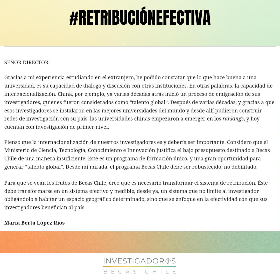 #BecasChile “es una gran oportunidad para generar talento global” dice María López, integrante de @becarios_chile, hoy en <a href="/latercera/">La Tercera</a>. Ministra <a href="/AisenEtcheverry/">Aisén Etcheverry Escudero</a>: la internacionalización es necesaria siempre, por eso, proponemos #retribuciónefectiva, medible e inmediata!