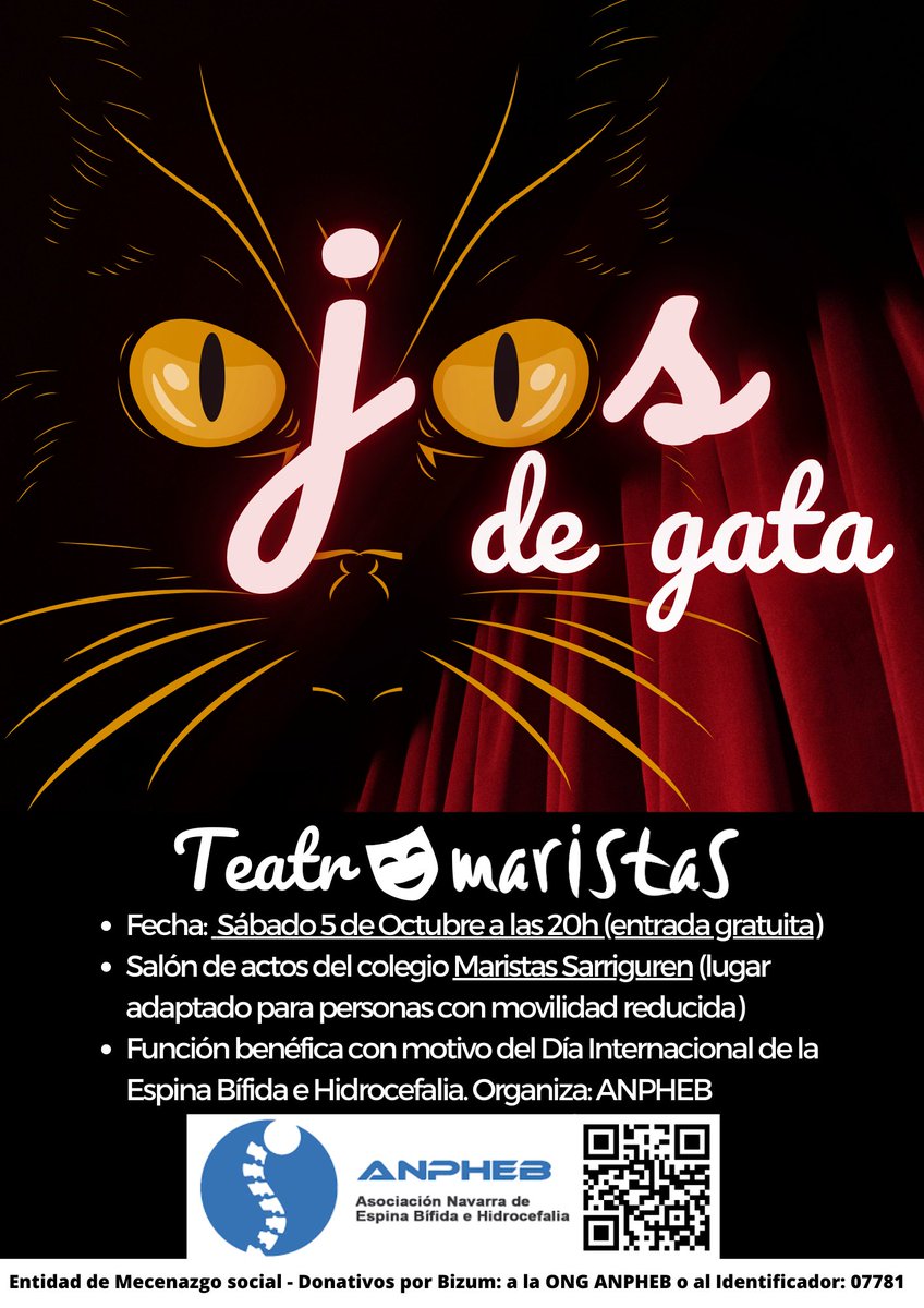 🎭Regresa el grupo de #teatro con la última función de "Ojos de gata"!!!
🗓️Sábado 5 octubre 20 h. (entrada gratuita)
💜Función benéfica con motivo del Día Internacional de la Espina Bífida e Hidrocefalia.
💸Donativos <a href="/anpheb1/">Anpheb</a> por Bizum a la ONG ANPHEB o al identificador 07781