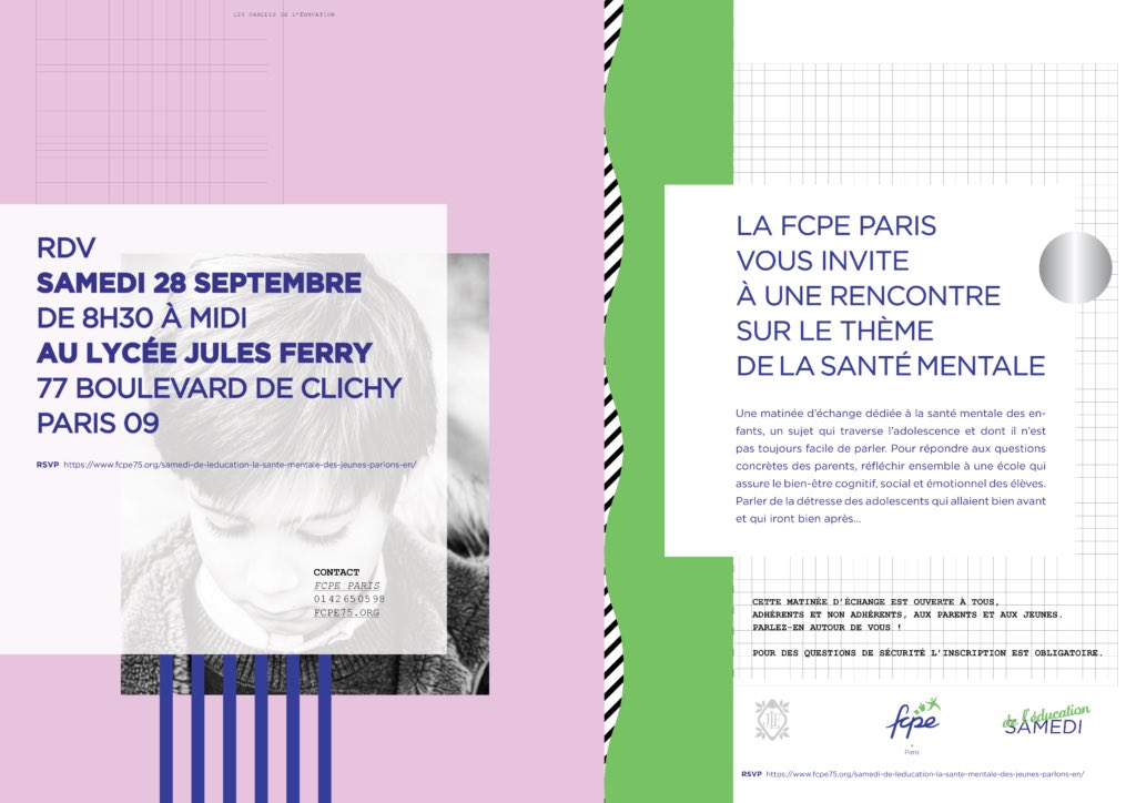 FCPE_Paris's tweet photo. 🚨SAMEDI DE L’ÉDUCATION : LA SANTÉ MENTALE DES JEUNES, PARLONS-EN !

La @FCPE_Paris propose une matinée dédiée à la santé mentale des enfants et des adolescents : 

🗓️ Samedi 28 septembre de 8h30 à midi  au lycée Jules Ferry 9eme

Programme &amp; inscription👇
https://t.co/Hjwv9iy60j https://t.co/6bhqQnR8B3
