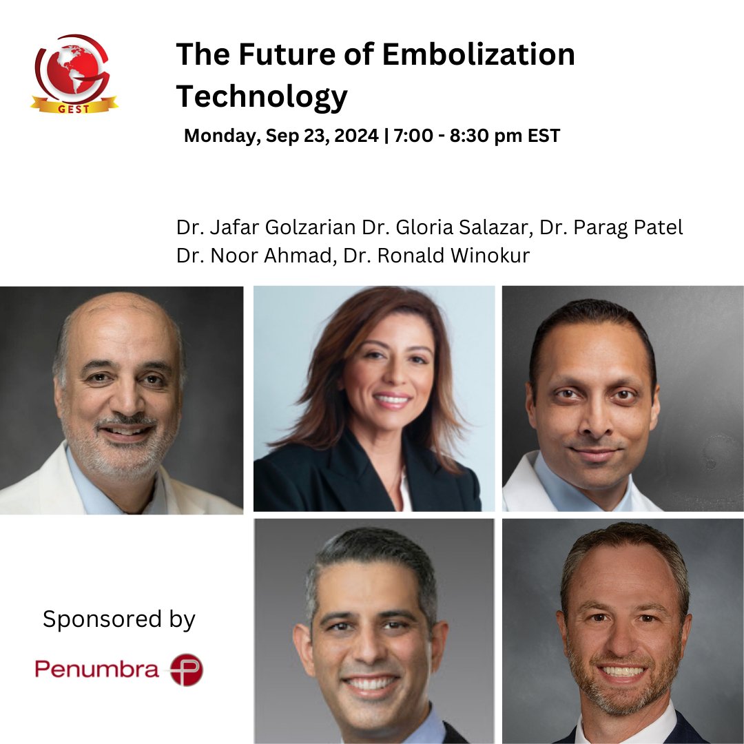 Tonight! Join Dr. Jafar Golzarian,  Dr. Parag Patel, Dr. Noor Ahmad, Dr. Ron Winokur, and Dr. Gloria Salazar to learn about the future of #embolization technology. 

Sept 23, 2024
Register here: thegestgroup.com/the-future-of-…

#interventionalradiology #IRads #MedEd 

Sponsored by