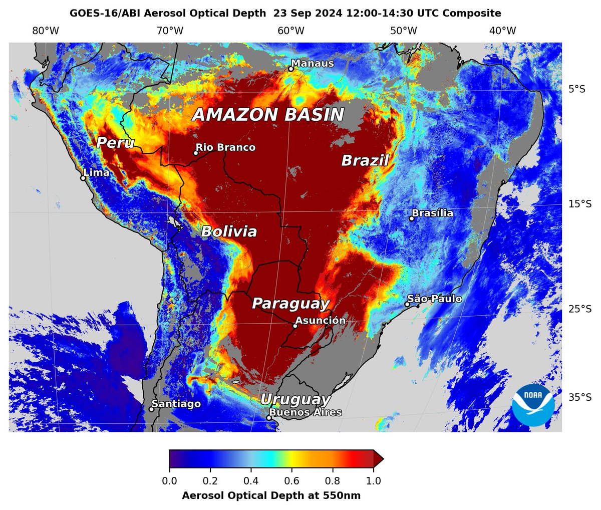 AerosolWatch (@aerosolwatch) on Twitter photo Unrelenting thick #smoke (dark red) from #Amazon #wildfires engulfing regions east of #Andes in #Brazil, #Peru, #Bolivia, #Paraguay & N. #Argentina this morning 23 Sep, shown by <a href="/NOAASatellites/">NOAA Satellites</a> #GOESEast #ABI aerosol optical depth (AOD) composite. <a href="/metsul/">MetSul.com</a> <a href="/aprados1/">Dr Ana Prados</a> <a href="/m_parrington/">Mark Parrington</a> Unrelenting thick #smoke (dark red) from #Amazon #wildfires engulfing regions east of #Andes in #Brazil, #Peru, #Bolivia, #Paraguay & N. #Argentina this morning 23 Sep, shown by <a href="/NOAASatellites/">NOAA Satellites</a> #GOESEast #ABI aerosol optical depth (AOD) composite. <a href="/metsul/">MetSul.com</a> <a href="/aprados1/">Dr Ana Prados</a> <a href="/m_parrington/">Mark Parrington</a>