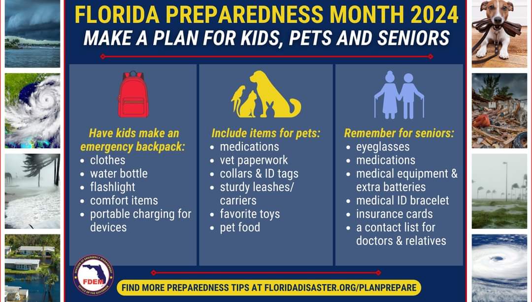 CityofVeniceFL's tweet photo. 🌀 This week’s theme for Preparedness Month highlights the importance of individual plans based on your family’s needs. Remember to include children, pets & seniors in your disaster planning.
➡ Learn more - https://t.co/jp8PuDOCCT
#FLPrepMonth https://t.co/P9fcEjZuwD