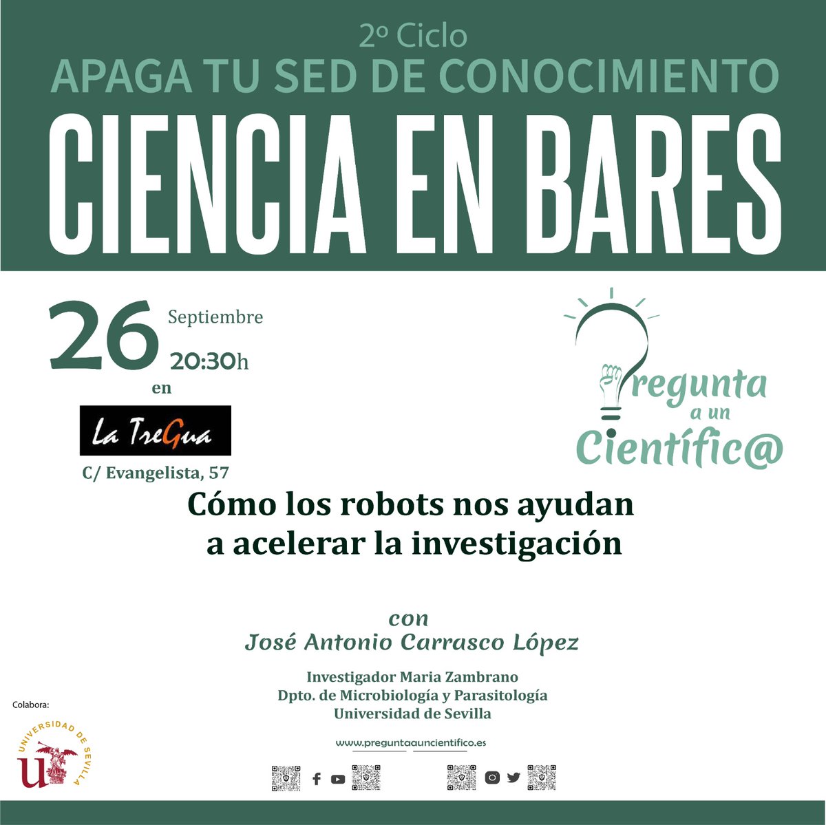 PreguntaAUnaCientifica (@pregu_ciencia) on Twitter photo Comenzamos el curso con una charla espectacular de como los robots nos ayudan a investigar. Nos vemos el 26 Jueves en <a href="/LaTreGuaSevilla/">LaTreGuaSevilla</a> alas 20.30. Ganas de veros de nuevo. #SevillaHoy #divulgaciencia Comenzamos el curso con una charla espectacular de como los robots nos ayudan a investigar. Nos vemos el 26 Jueves en <a href="/LaTreGuaSevilla/">LaTreGuaSevilla</a> alas 20.30. Ganas de veros de nuevo. #SevillaHoy #divulgaciencia