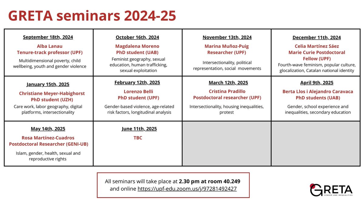 GretaUpf's tweet photo. 👩‍🏫We are thrilled to present our seminars for 2024-2025  

Check out and save the dates ⬇️  

Hope to see you all! https://t.co/1jnnIfMdr0