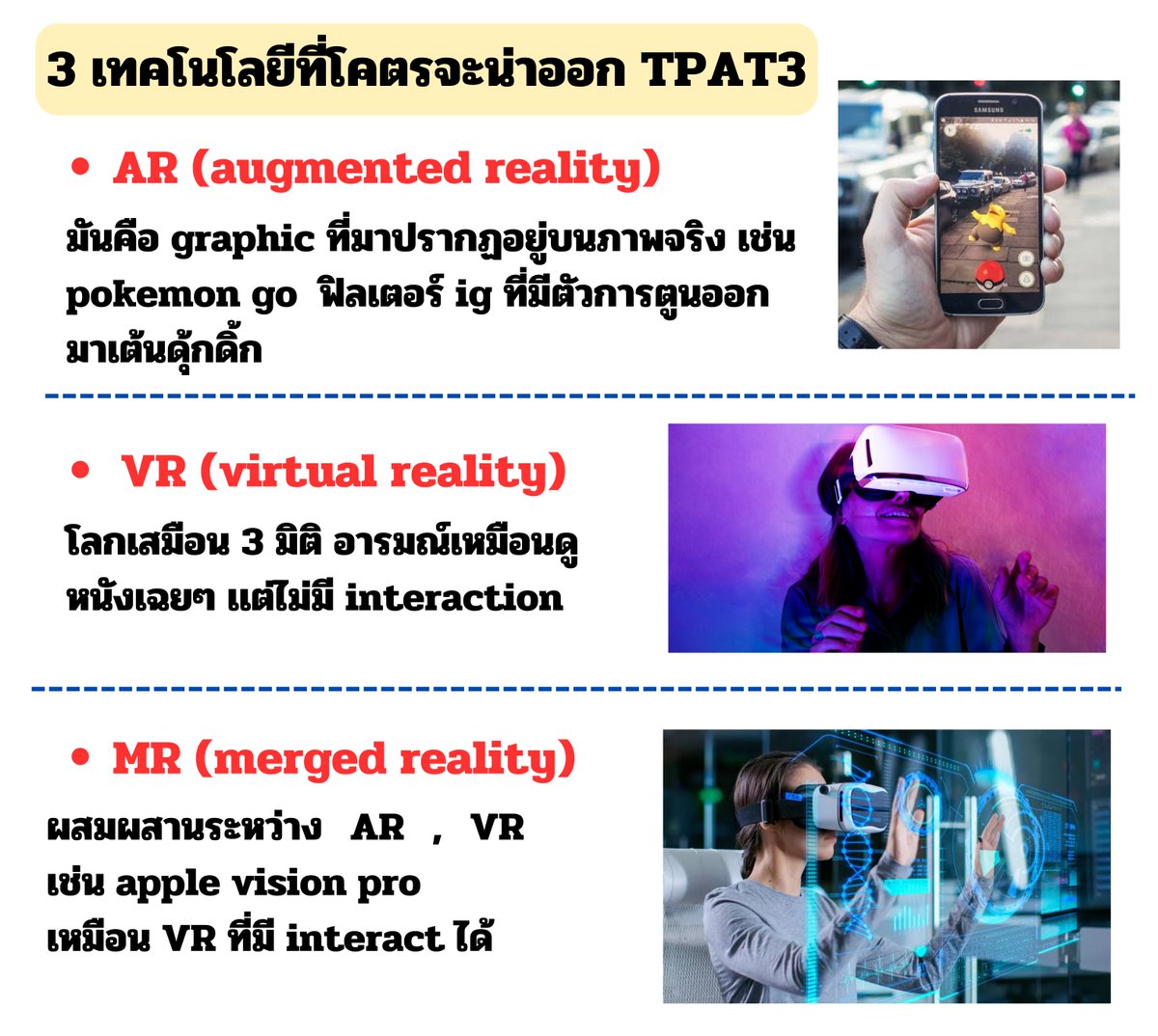 เก็ง #TPAT3 พาร์ทข่าวสารเพิ่มไปอีก 1 

น่าออกมาก เพราะกลางปีที่่ผ่านมา apple พึ่งเปิดตัว vision pro ไปเป็นข่าวดังทั่วโลก โดยใช้เทคโนโลยีที่เรียกว่า MR นั่นเอง 

#dek68 อาจมีคนที่ยังไม่รู้ว่า ในtpat3 จะมีพาร์ทข่าวสาร tech อยู่ด้วย ซึ่งถ้าออกมาตรงจริงก็คือคะเเนนฟรีเลย

#TCAS68