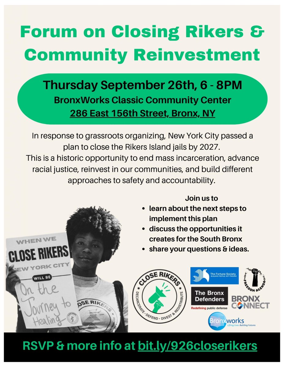 Thursday! Let's get it!

Rikers will close, and then - there's work to do!

RSVP: bit.ly/926closerikers