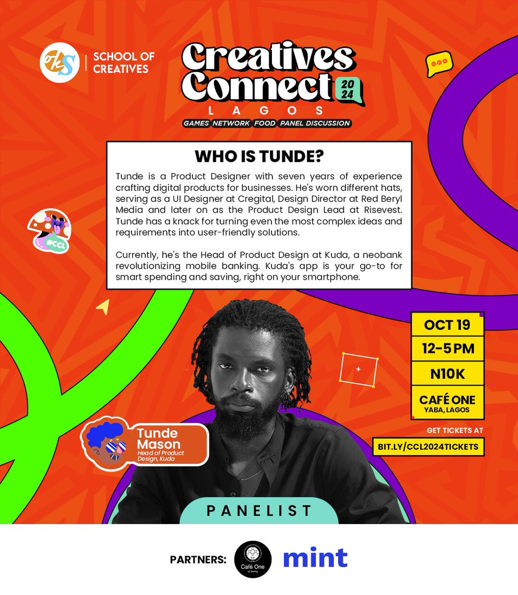 Oren Kraft School of Creatives (@schlofcreatives) on Twitter photo We’re excited to announce <a href="/tundemason/">Tunde Kabir Mason</a> , Head of Product Design at Kuda, as a panelist. With 7+ years of experience in digital product design, Tunde will share insights on innovation in fintech and user-friendly design. 🚀✨
🎟️ Get your tickets now at
bit.ly/CCL2024Tickets We’re excited to announce <a href="/tundemason/">Tunde Kabir Mason</a> , Head of Product Design at Kuda, as a panelist. With 7+ years of experience in digital product design, Tunde will share insights on innovation in fintech and user-friendly design. 🚀✨
🎟️ Get your tickets now at
bit.ly/CCL2024Tickets