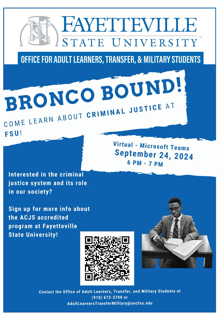 Would you like to learn more about the Criminal Justice major at Fayetteville St. University? Join FSU for "Bronco Bound" tomorrow, Sept. 24, 6-7pm to learn more about the Criminal Justice major &amp; the transfer process!

Register here: bit.ly/4gxRTpU
🔗