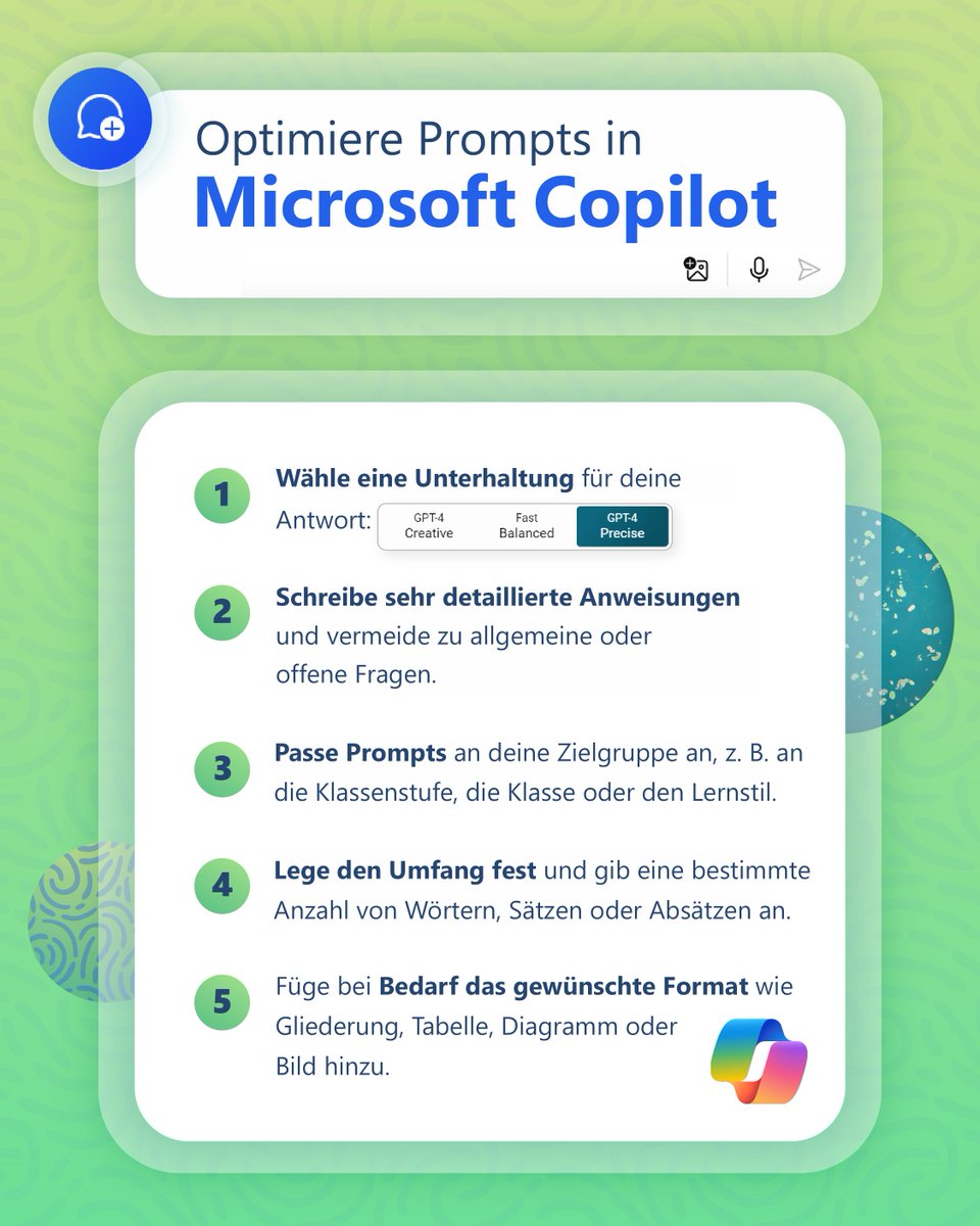 🖊️ Verbessere deine Prompt-Schreibfähigkeiten mit diesen fünf Strategien, um spezifischere und personalisierte Outputs zu erhalten. 
#MicrosoftEDU #AI