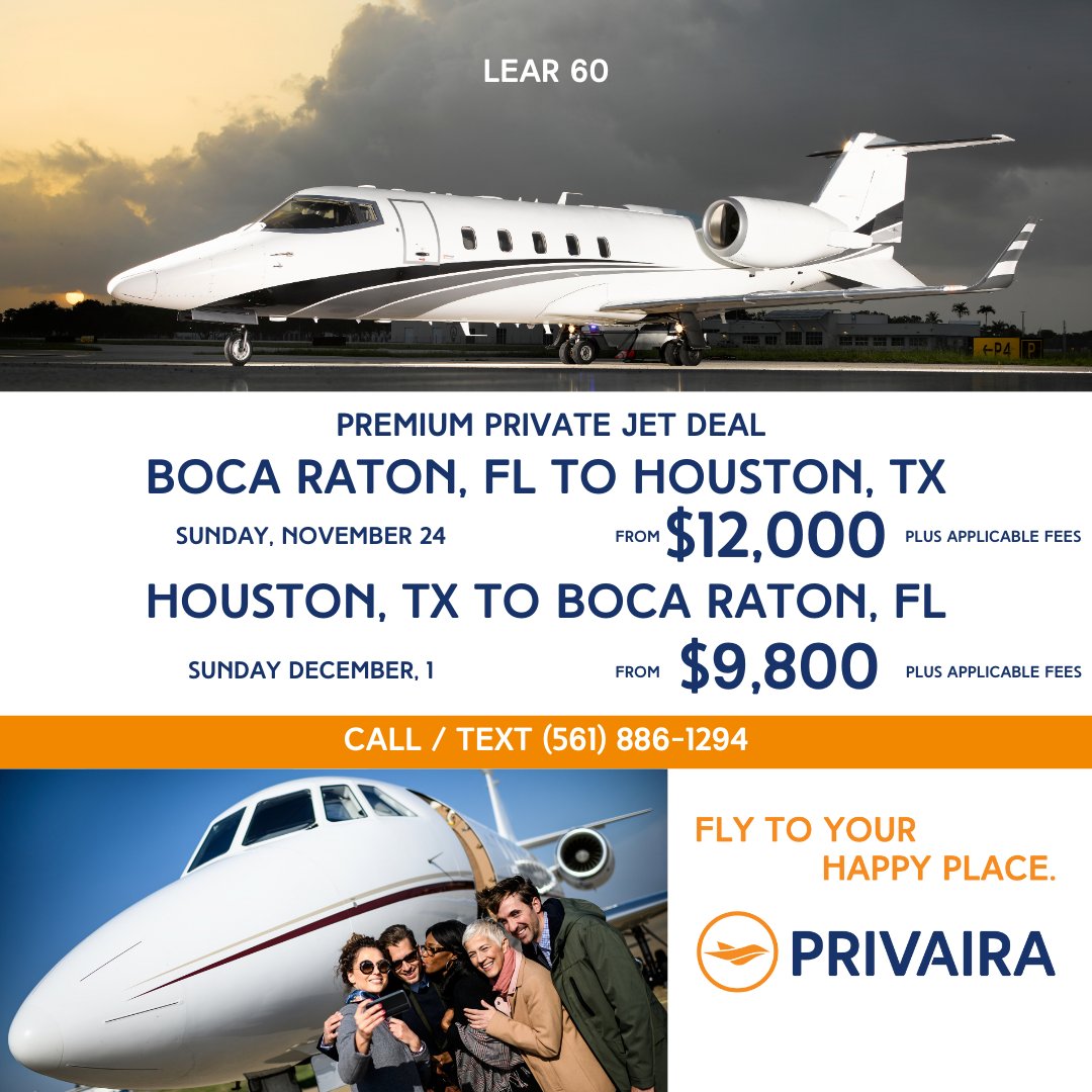 Privairaprivate's tweet photo. PRIVAIRA presents a Premium Private Jet Deal “HOUSTON SPECIAL" from our own fleet

Call/text us today for more information (561) 886-1294

#FlyToYourHappyPlace #FlyPRIVAIRA #Learjet #PremiumPrivateJet #Houston #FlyPrivate #PrivateJet #LuxuryTravel #PrivateJetCharter #Aviation https://t.co/vrfik4CnnU
