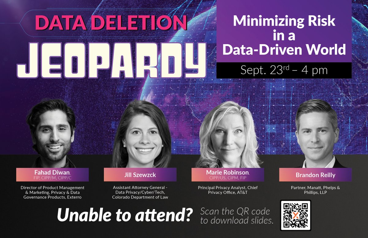 Exterro's tweet image. Are you at #IAPPPSR this week? Don’t miss our hands-on session on #dataminimization challenges and best practices!

Join us for Data Deletion Jeopardy today, Sep 23 at 4pm! See you there! 👀