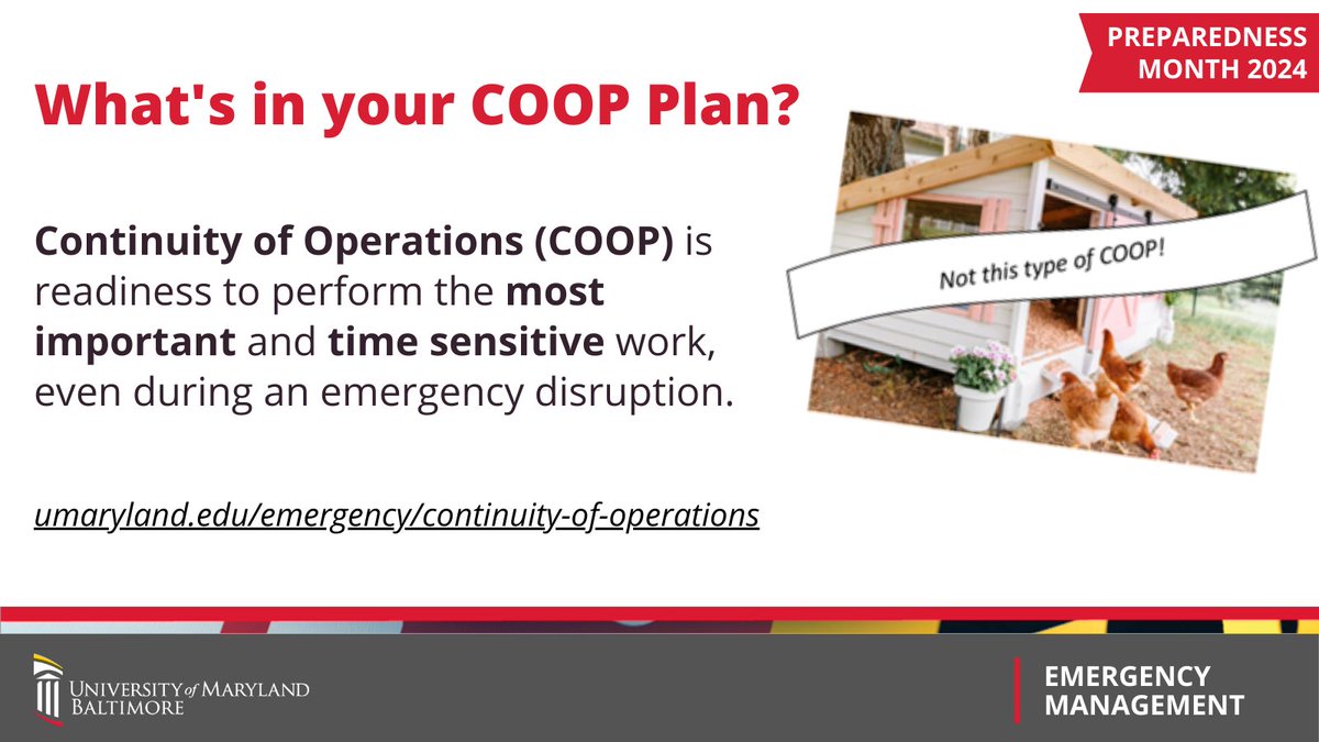 UMBOEM's tweet photo. Being a #PreparednessAmbassador means planning for the future! Creating a Continuity of Operations (COOP) plan ensures readiness to perform important and time-sensitive work in an emergency. Our COOP e-Tool makes it easy! Learn more: https://t.co/YXxuRxCucR https://t.co/oRMRO7G7Kn