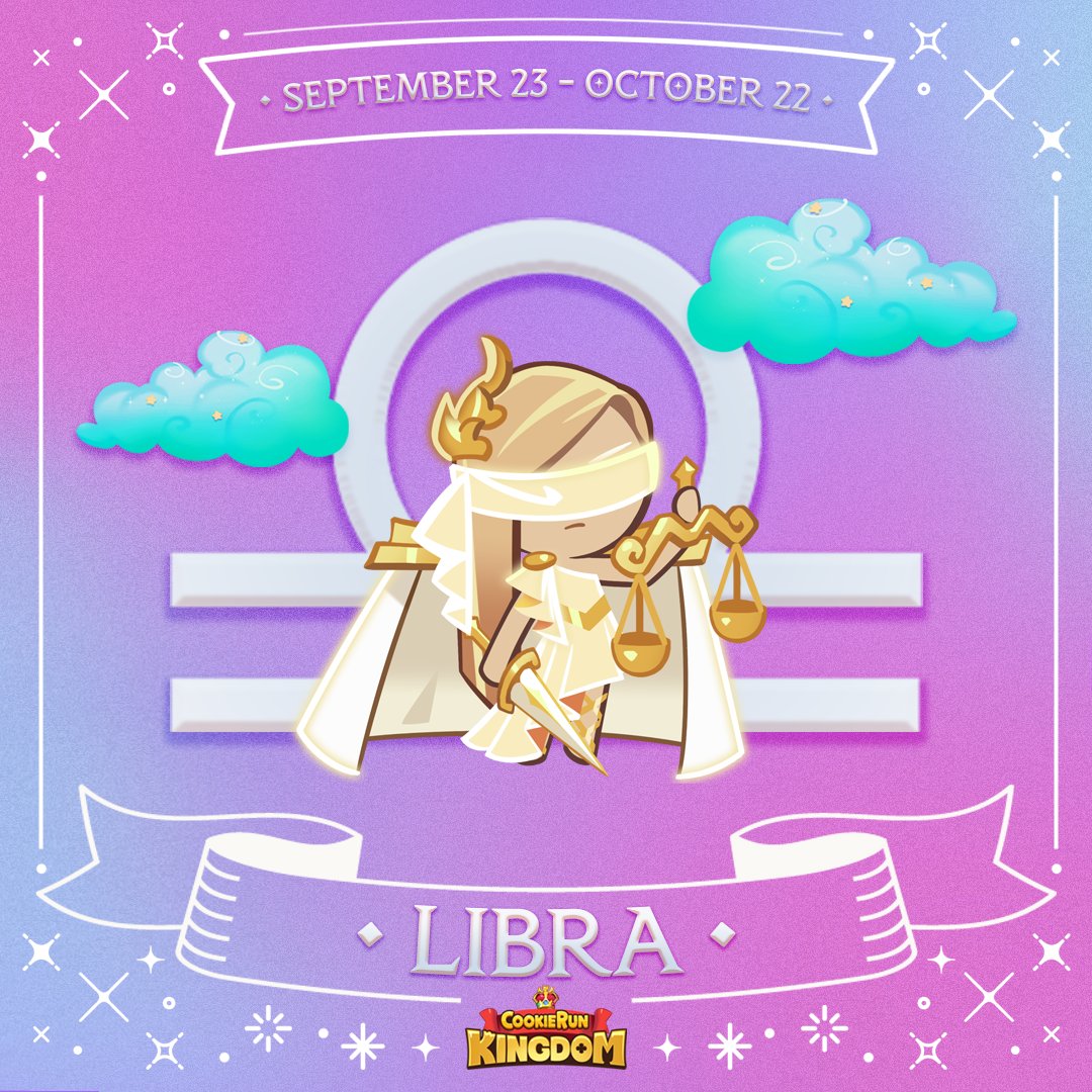 CRKingdomEN's tweet photo. Welcome to Libra Season! Huge shoutout to our rational, sincere, and generous Libras in our lives ♎🎉 Can you think of any #Libra-coded Cookies? 🤔

#CookieRun #CookieRunKingdom #LibraSeason #FinancierCookie https://t.co/FRIUkk1raq