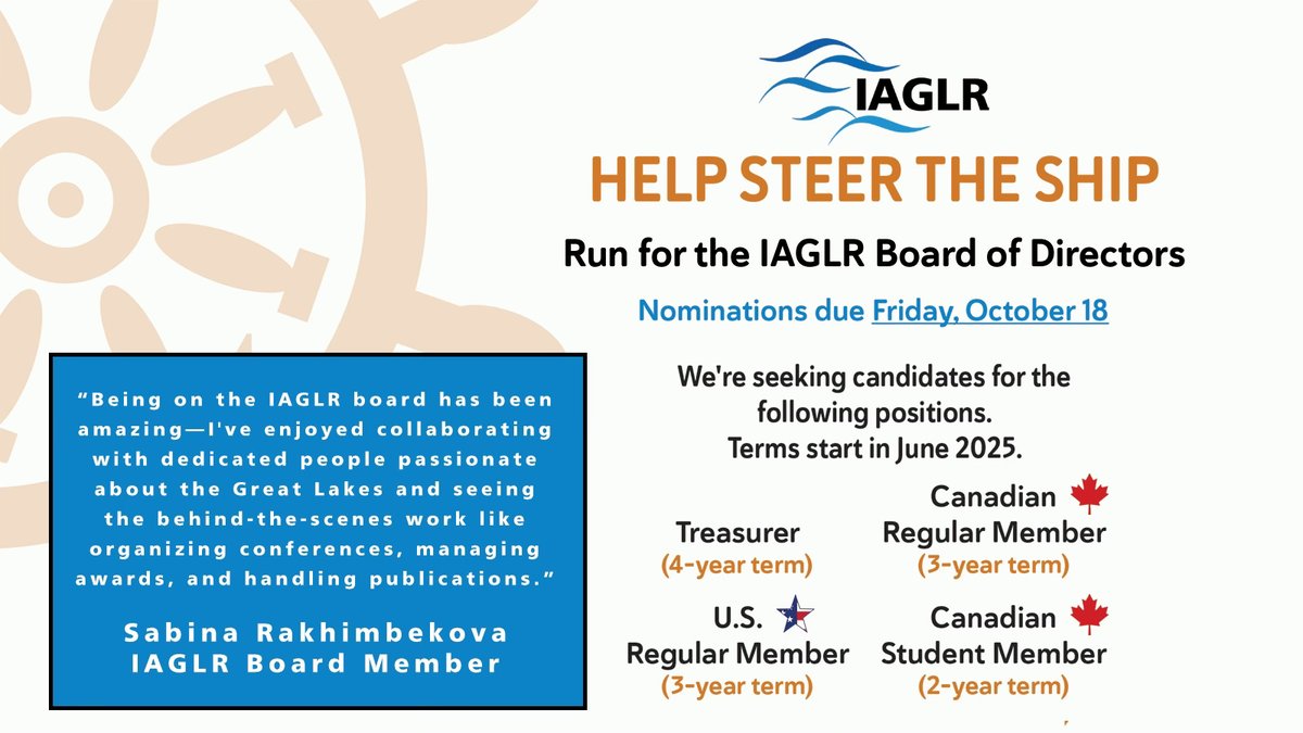 Are you an IAGLR member interested in serving on the IAGLR Board of Directors or know someone who should?

We're seeking candidates for the following positions:
Treasurer
Canadian regular member
Canadian student member
U.S. regular member

#GreatLakesSci
bit.ly/3MhWmz9