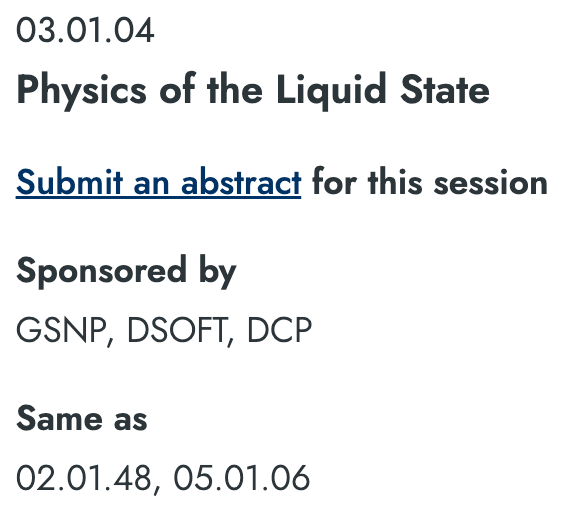 notnotyz's tweet photo. APS
@APSphysics March Meeting abstracts are due on Oct 25. Consider submitting to "Physics of Liquids" @ApsGsnp @ApsDsoft @ApsDcp. Featuring invited speakers Prof Andrea Liu &amp; Carlos Vega. https://t.co/9R9rxSDJBH