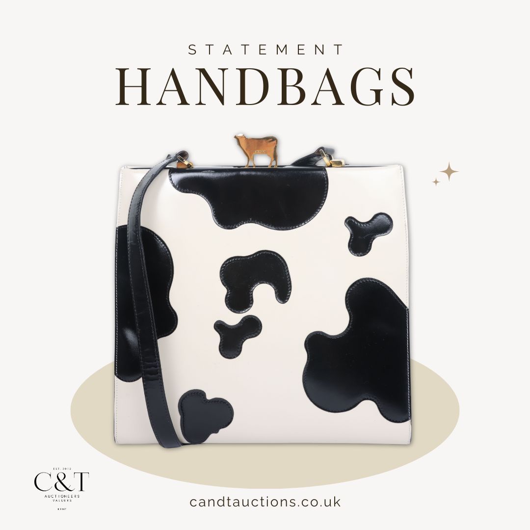 Make a statement! 🐄  Explore the collection of statement handbags featured in our current Vintage Fashion &amp; Luxury Goods timed auction! 🛍️ buff.ly/3XNTDUQ 
Register to bid in this auction before it's too late! #moschino #emiliopucci #escada #handbags