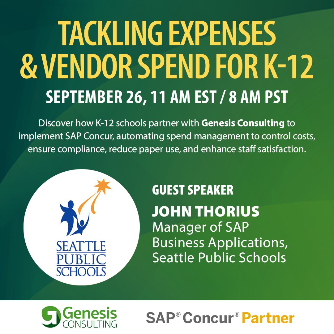 GenesisElevates's tweet image. Excited to announce John Thorius, SAP Business Apps Manager at @SeaPubSchools, as our final speaker for this week&apos;s webinar! Hear how his team overcame challenges with support from Genesis &amp;amp; @SAPConcur. Register now: eventbrite.com/e/tackling-exp… #GenesisElevates #K12 #SAPConcurPartner